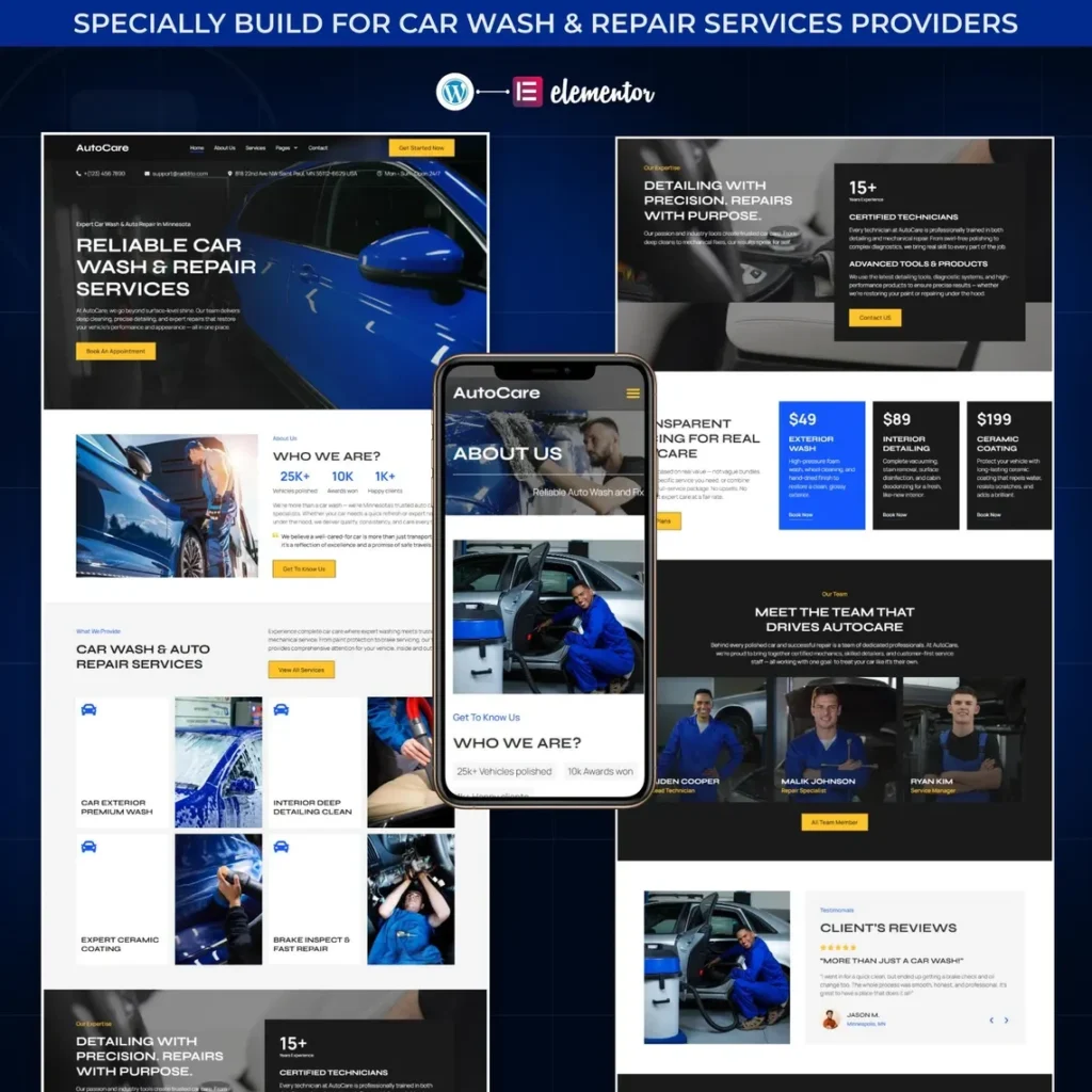 Car Wash WordPress Elementor Template Kit Auto Detailing & Service Center Website Template (2)