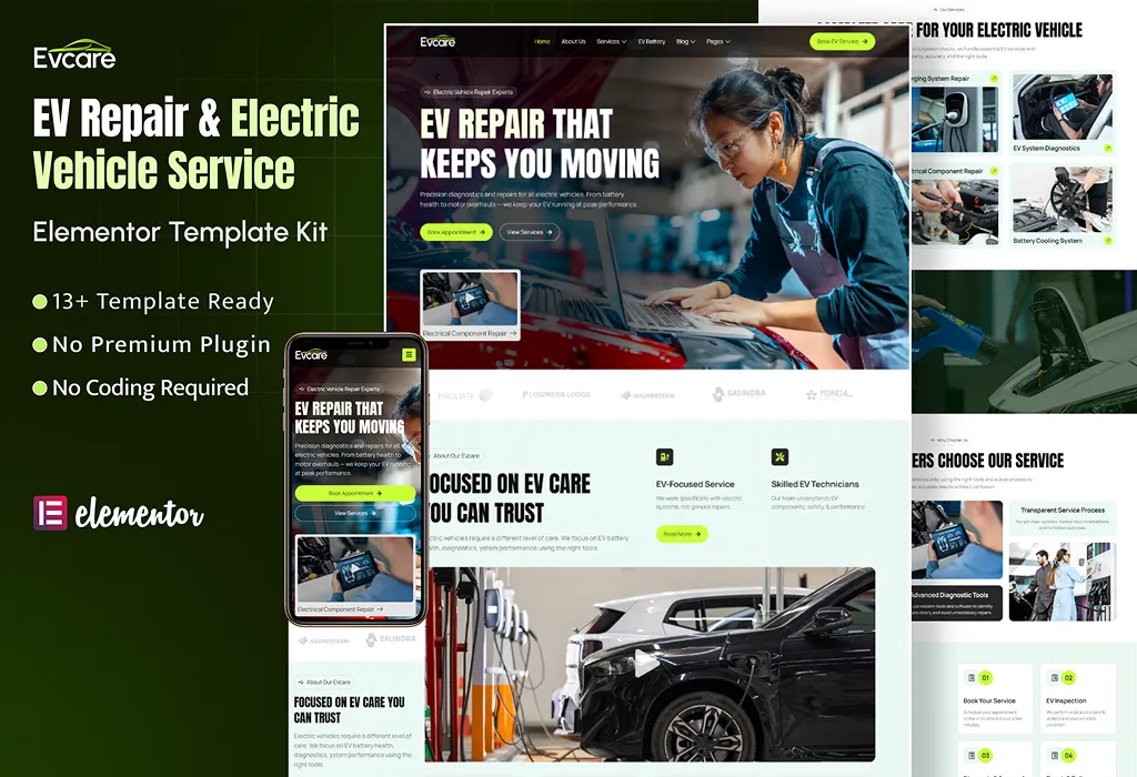Evcare – EV Repair & Service Elementor Template Kit