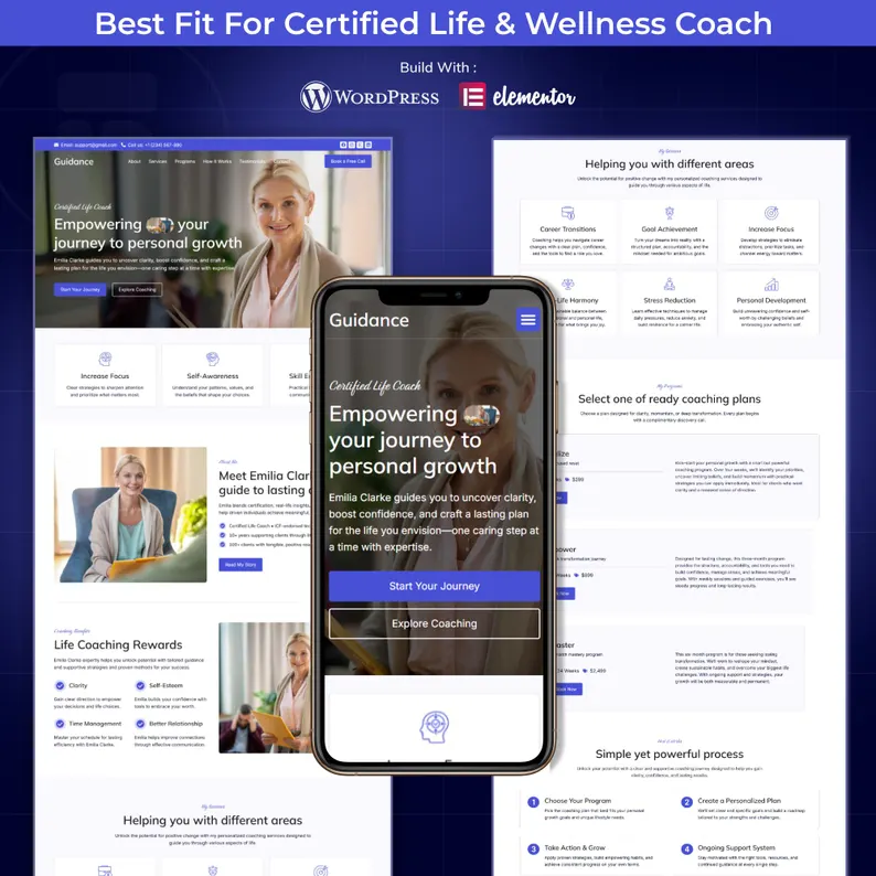 Life Coach WordPress Elementor Landing Page Wellness, Coaching & Mindset Coach One-Page Website Template