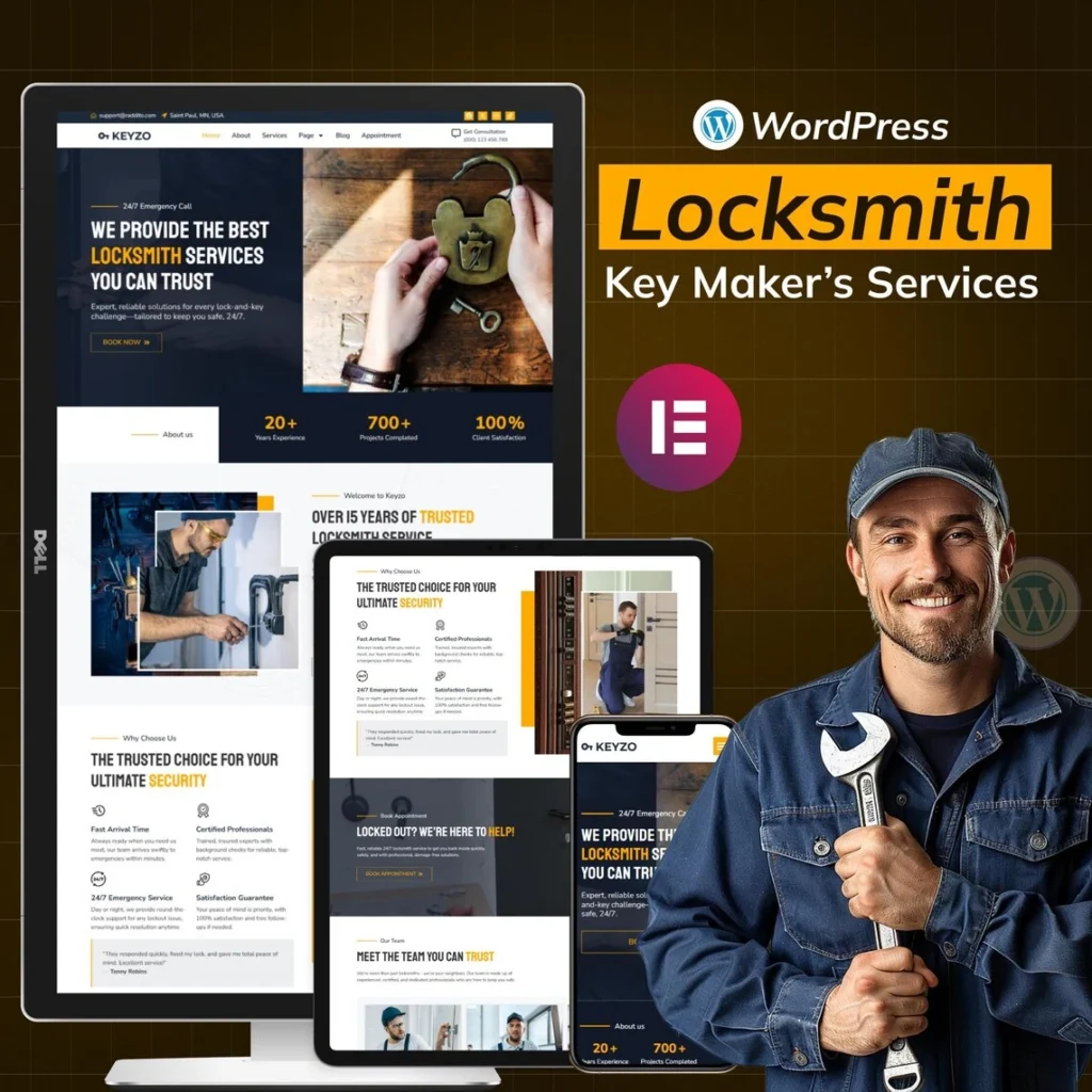 Locksmith Service WordPress Elementor Template Kit Key Repair & Security Business Website Template