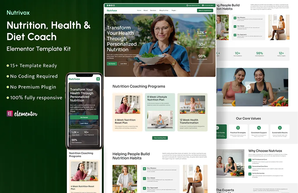 Nutrivox – Nutrition Health & Diet Coach Elementor Template Kit