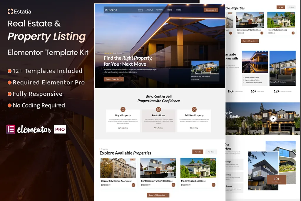 Estatia – Real Estate & Property Listing Elementor Pro Template Kit