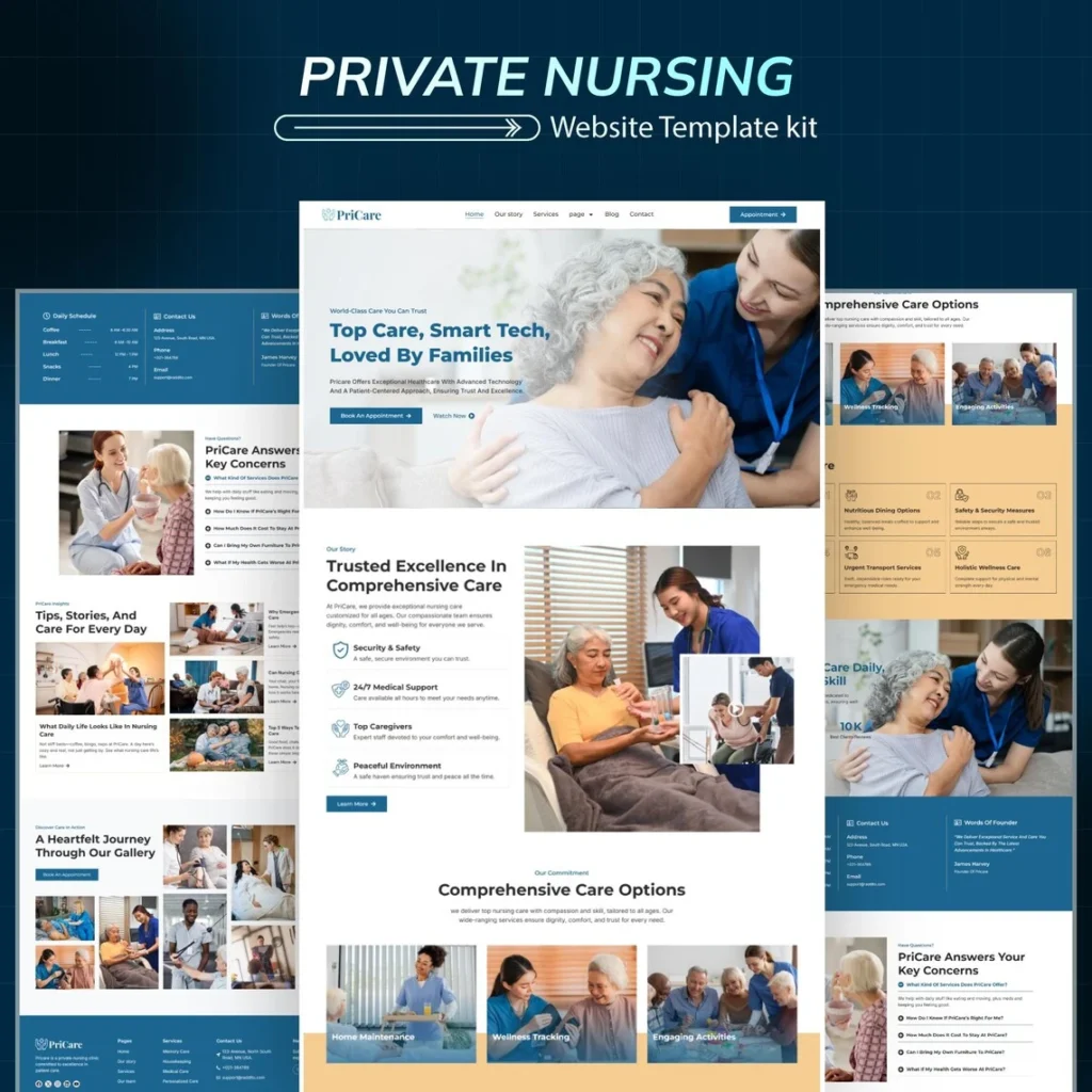 Senior Care WordPress Elementor Template Kit Elderly Nursing & Assisted Living Website Template kit