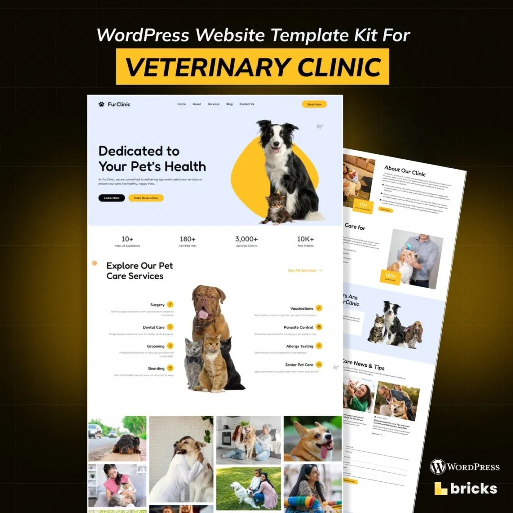 Veterinary Clinic WordPress Bricks Builder Template Kit Pet Care & Animal Hospital Website Template